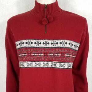 Eddie Bauer red ivory striped 1/4 zip 100% lambswool sweater ladies size Medium